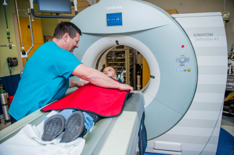 patient getting ready to go under MRI