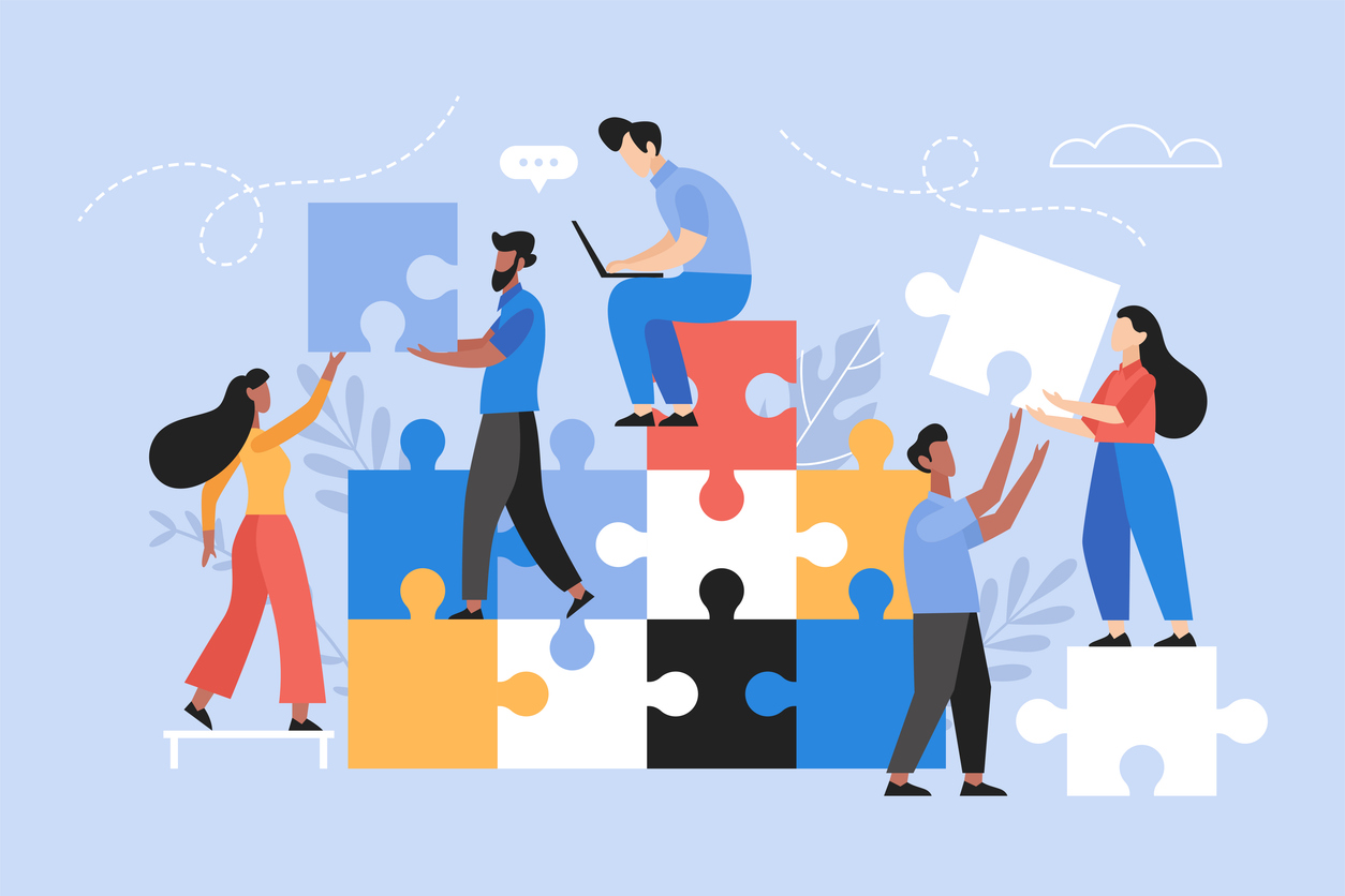 Vector art of people building a puzzle together.