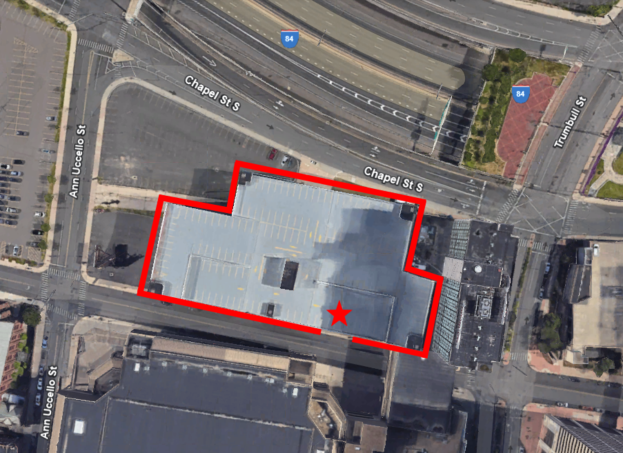 Aerial view of the XL Center parking garage highlighted in red